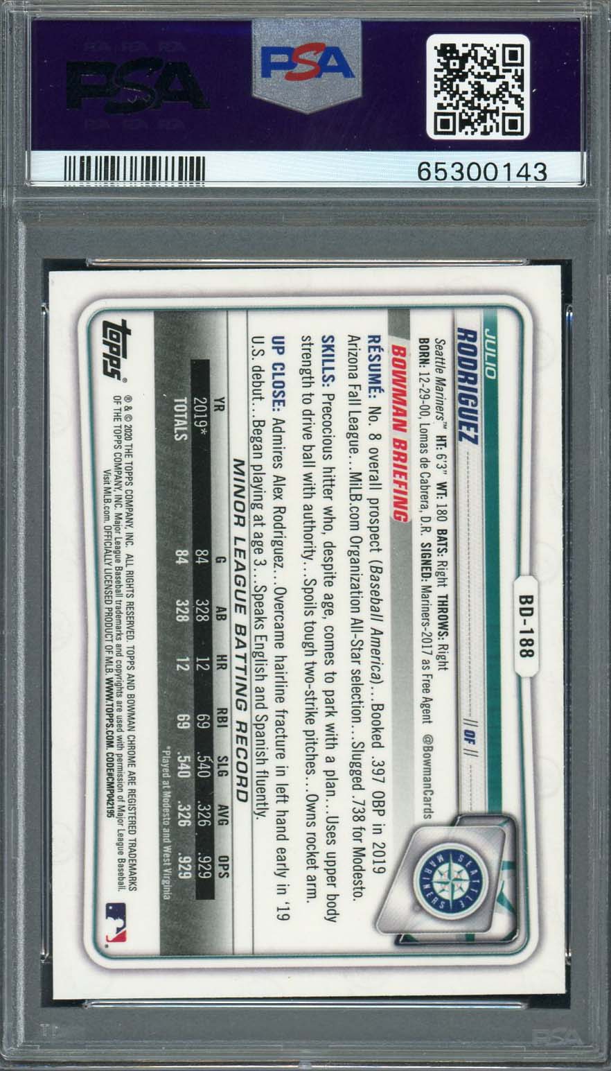 Julio Rodriguez 2020 Bowman Draft Chrome Baseball Rookie Card RC #BD188 PSA 10-Powers Sports Memorabilia
