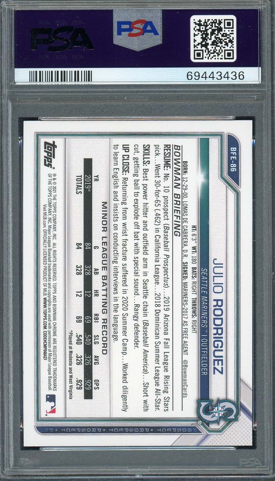 Julio Rodriguez 2021 Bowman 1st Edition Baseball Rookie Card #BFE86 PSA 10-Powers Sports Memorabilia