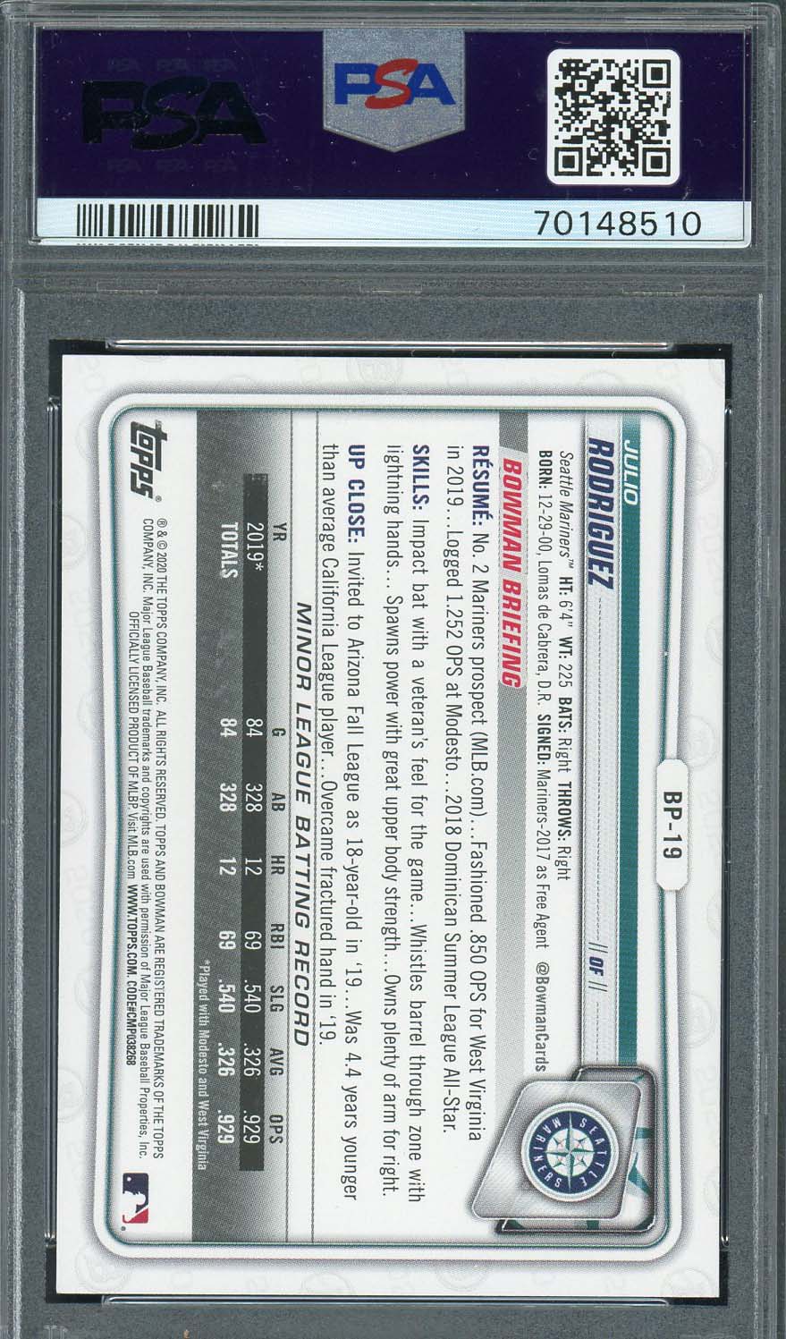 Julio Rodriguez 2020 Bowman Paper Prospects Rookie Card #BP19 Graded PSA 10-Powers Sports Memorabilia