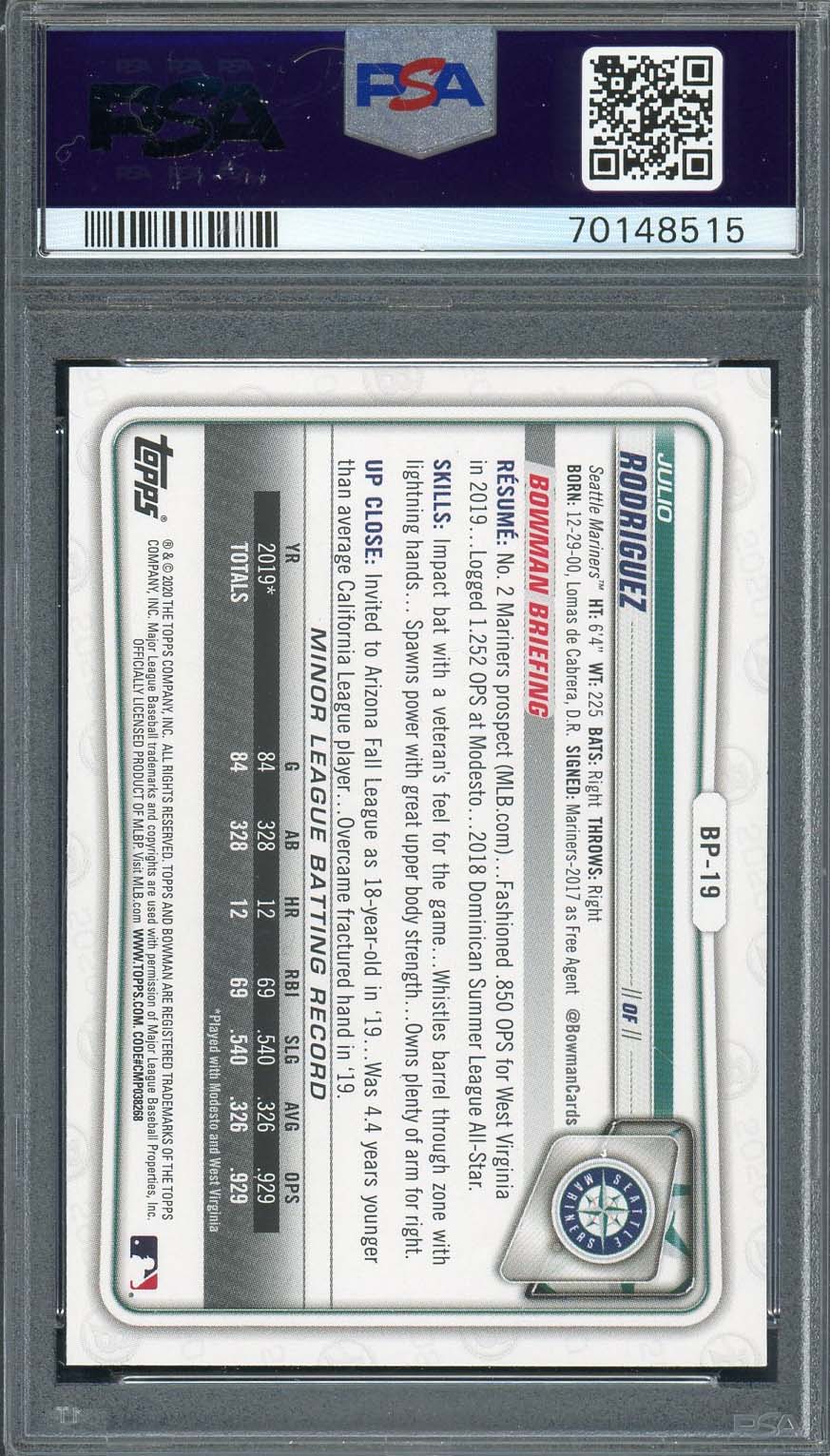 Julio Rodriguez 2020 Bowman Paper Prospects Rookie Card #BP19 Graded PSA 9-Powers Sports Memorabilia