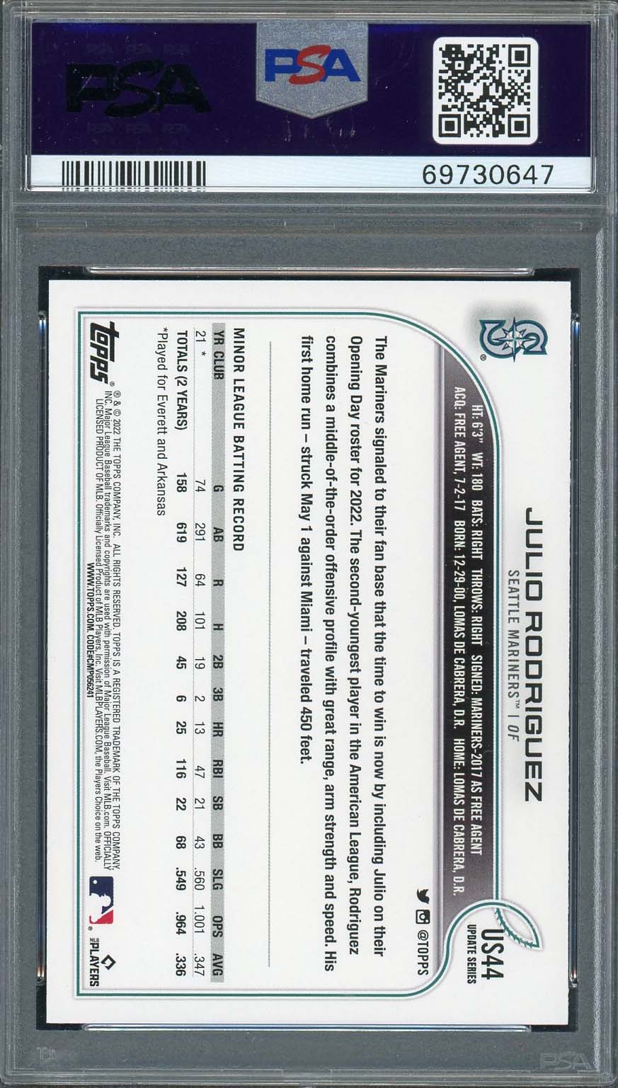 Julio Rodriguez 2022 Topps Update Baseball Rookie Card RC #US44 Graded PSA 10-Powers Sports Memorabilia