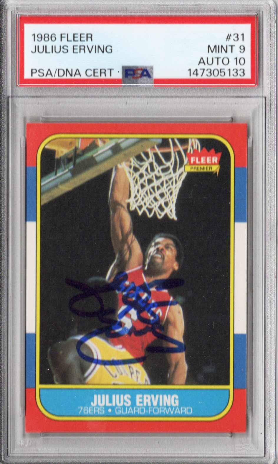 Julius Dr. J Erving Signed Philadelphia 76ers 1986 Fleer Card #31 PSA MINT 9 AUTO 10-Powers Sports Memorabilia