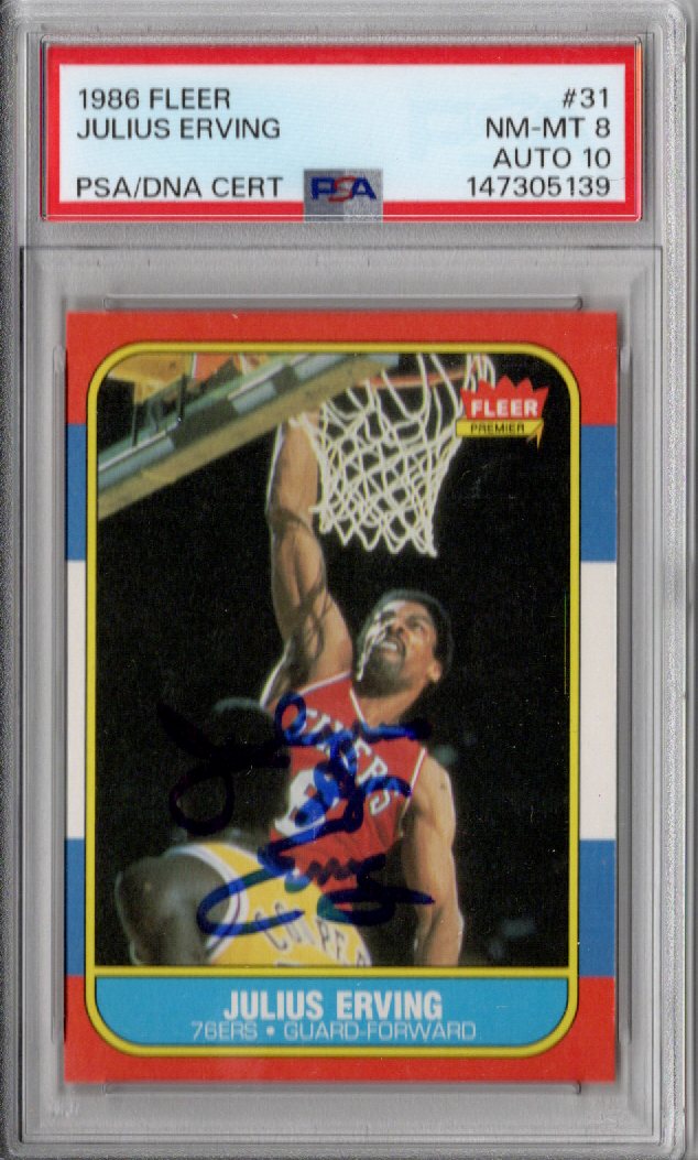 Julius Dr. J Erving Signed Philadelphia 76ers 1986 Fleer Card #31 PSA NM MT 8 AUTO 10-Powers Sports Memorabilia