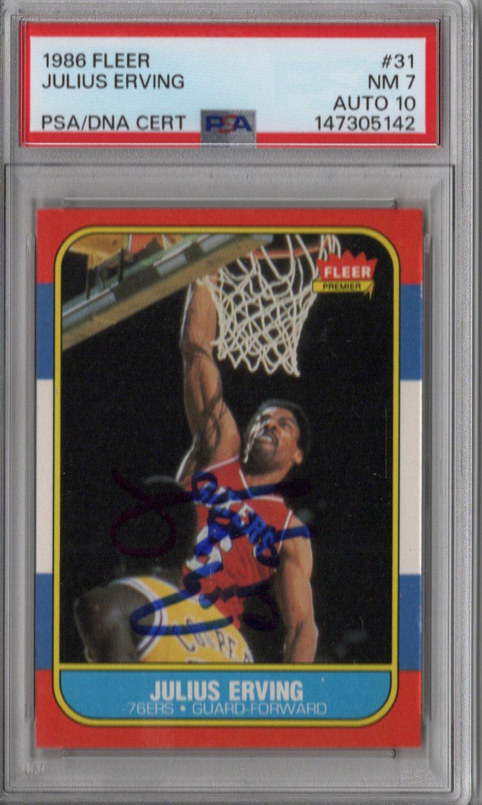 Julius Dr. J Erving Signed Philadelphia 76ers 1986 Fleer Card #31 PSA NM 7 AUTO 10-Powers Sports Memorabilia