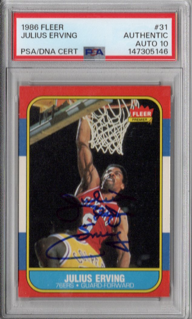 Julius Dr. J Erving Signed Philadelphia 76ers 1986 Fleer Card #31 PSA AUTHENTIC AUTO 10-Powers Sports Memorabilia