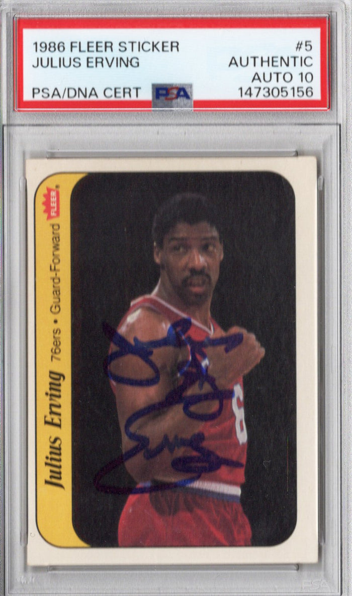 Julius Dr. J Erving Signed Philadelphia 76ers 1986 Fleer Sticker PSA AUTHENTIC AUTO 10-Powers Sports Memorabilia