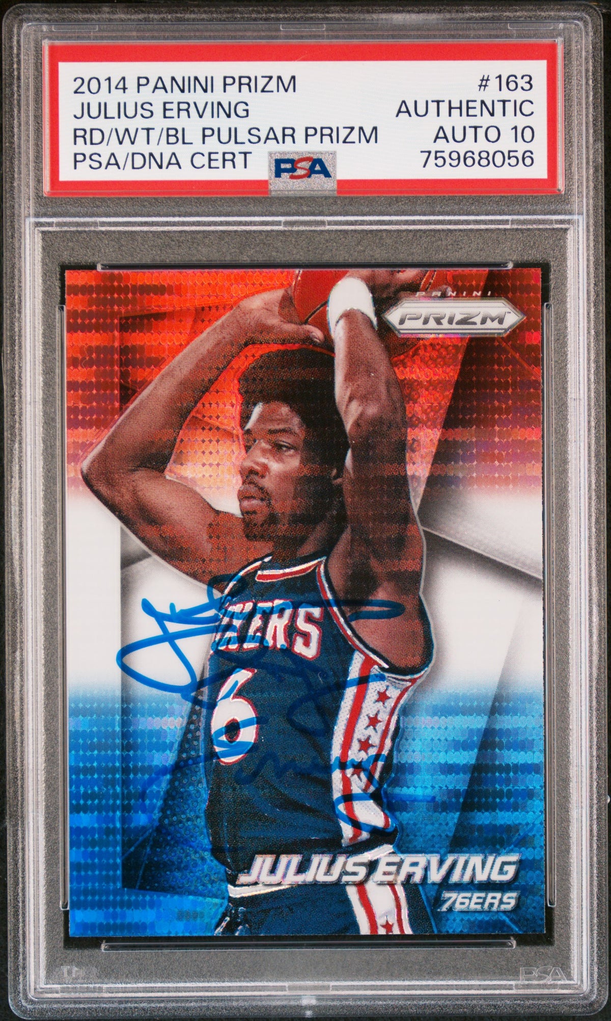 Julius Erving 2014 Panini Prizm Red White Blue Pulsar Card #163 Auto PSA 10-Powers Sports Memorabilia