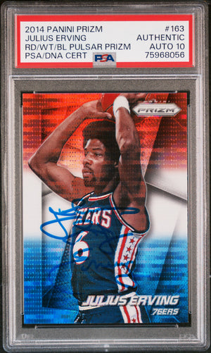 Julius Erving 2014 Panini Prizm Red White Blue Pulsar Card #163 Auto PSA 10-Powers Sports Memorabilia