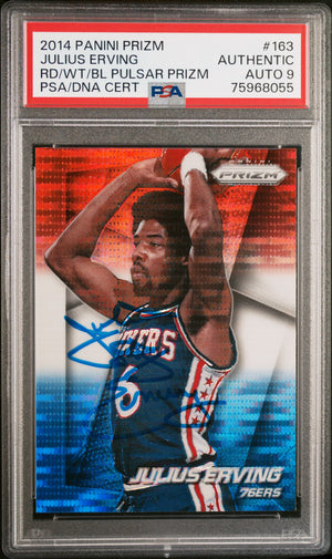 Julius Erving 2014 Panini Prizm Red White Blue Pulsar Card #163 Auto PSA 9-Powers Sports Memorabilia