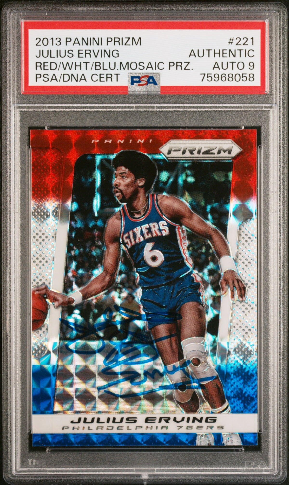 Julius Erving 2013 Panini Prizm Red White Blue Mosaic Card #221 Auto PSA 9-Powers Sports Memorabilia