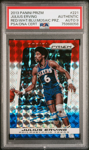 Julius Erving 2013 Panini Prizm Red White Blue Mosaic Card #221 Auto PSA 9-Powers Sports Memorabilia