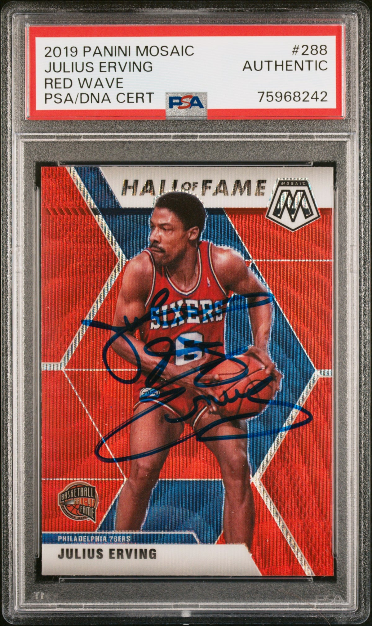 Julius Erving 2019 Panini Mosaic Red Wave Signed Card #288 Auto PSA 75968242-Powers Sports Memorabilia