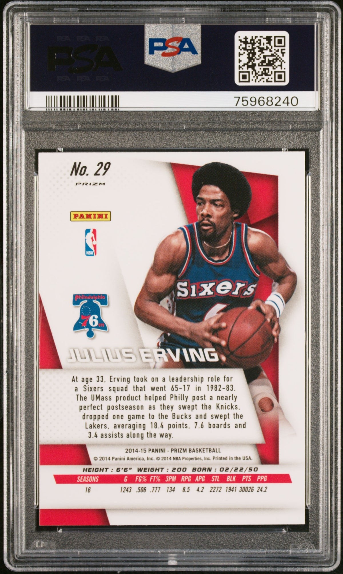 Julius Erving 2014 Panini Silver Prizm SP Signed Card #29 Auto PSA 75968240-Powers Sports Memorabilia