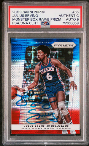 Julius Erving 2013 Panini Prizm Red White Blue Monster Box Card #65 Auto PSA 9-Powers Sports Memorabilia