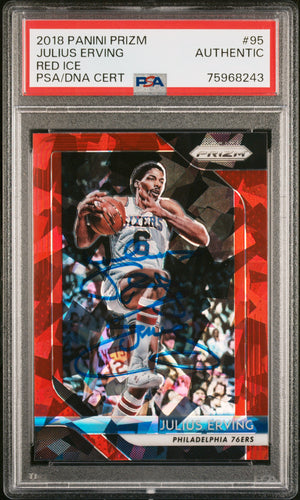 Julius Erving 2018 Panini Prizm Red Ice Signed Card #95 Auto PSA 75968243-Powers Sports Memorabilia