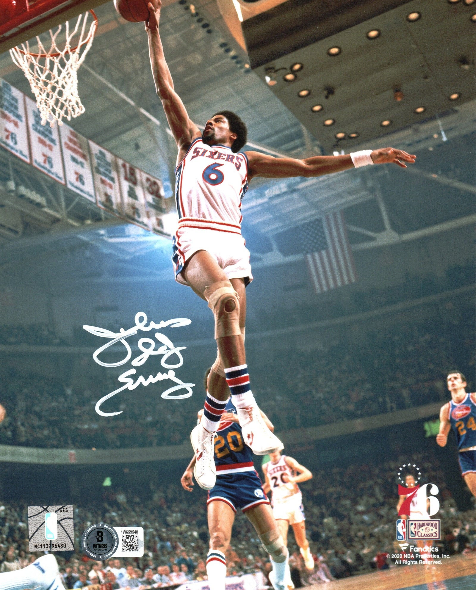 Julius Erving Signed Philadelphia 76ers White Jersey Dunk 8x10 Photo - Beckett-Powers Sports Memorabilia