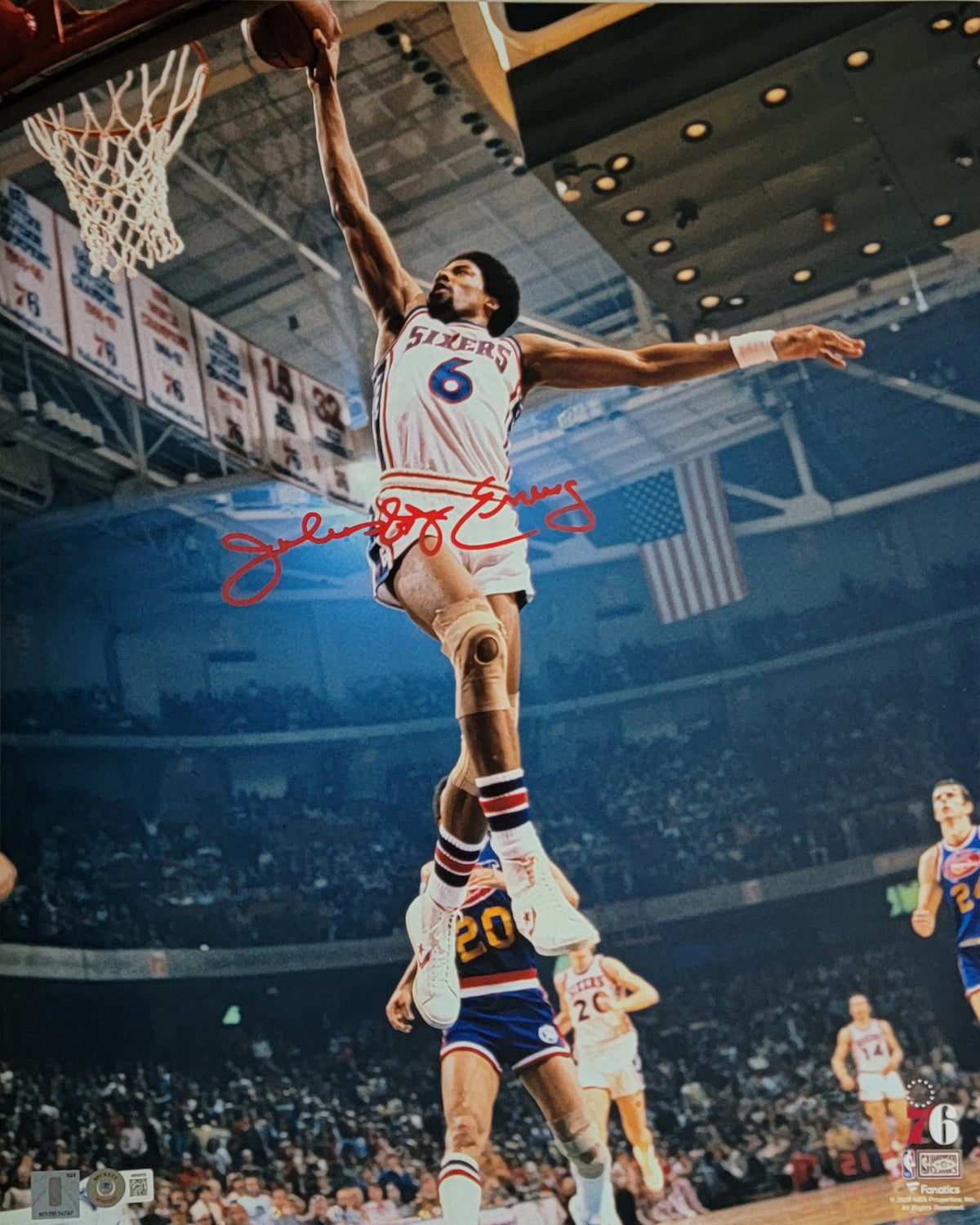 Julius Erving Signed Philadelphia 76ers 16x20 Photo Beckett Witnessed Red Paint-Powers Sports Memorabilia