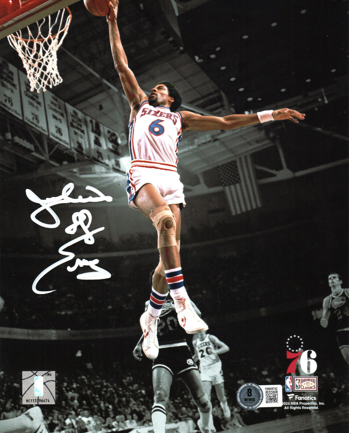 Julius Erving Signed Philadelphia 76ers White Jersey Spotlight Dunk 8x10 Photo - Beckett-Powers Sports Memorabilia