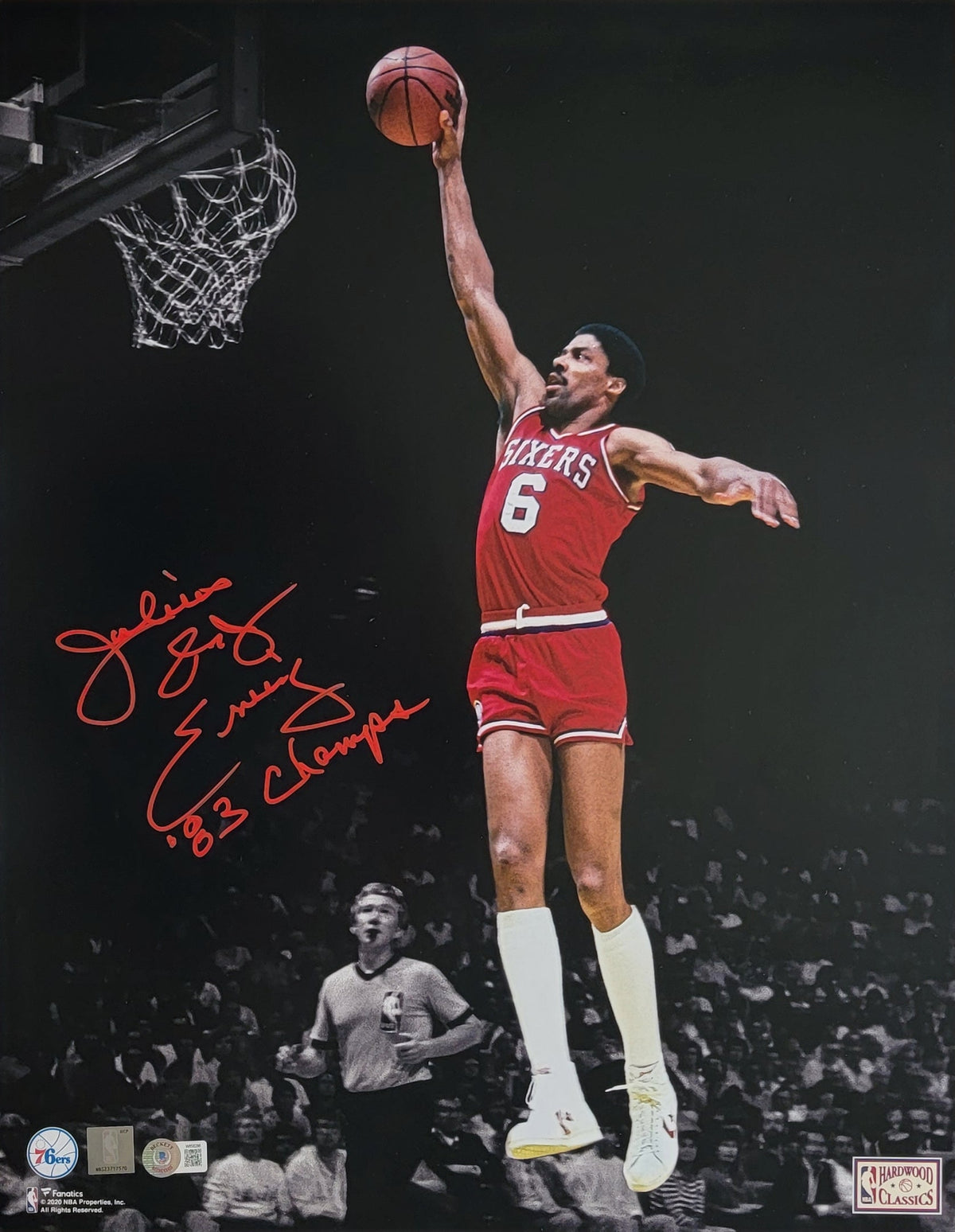 Julius Erving Signed Philadelphia 76ers Spotlight Dunk 16x20 Photo W/ '83 Champs - Beckett-Powers Sports Memorabilia