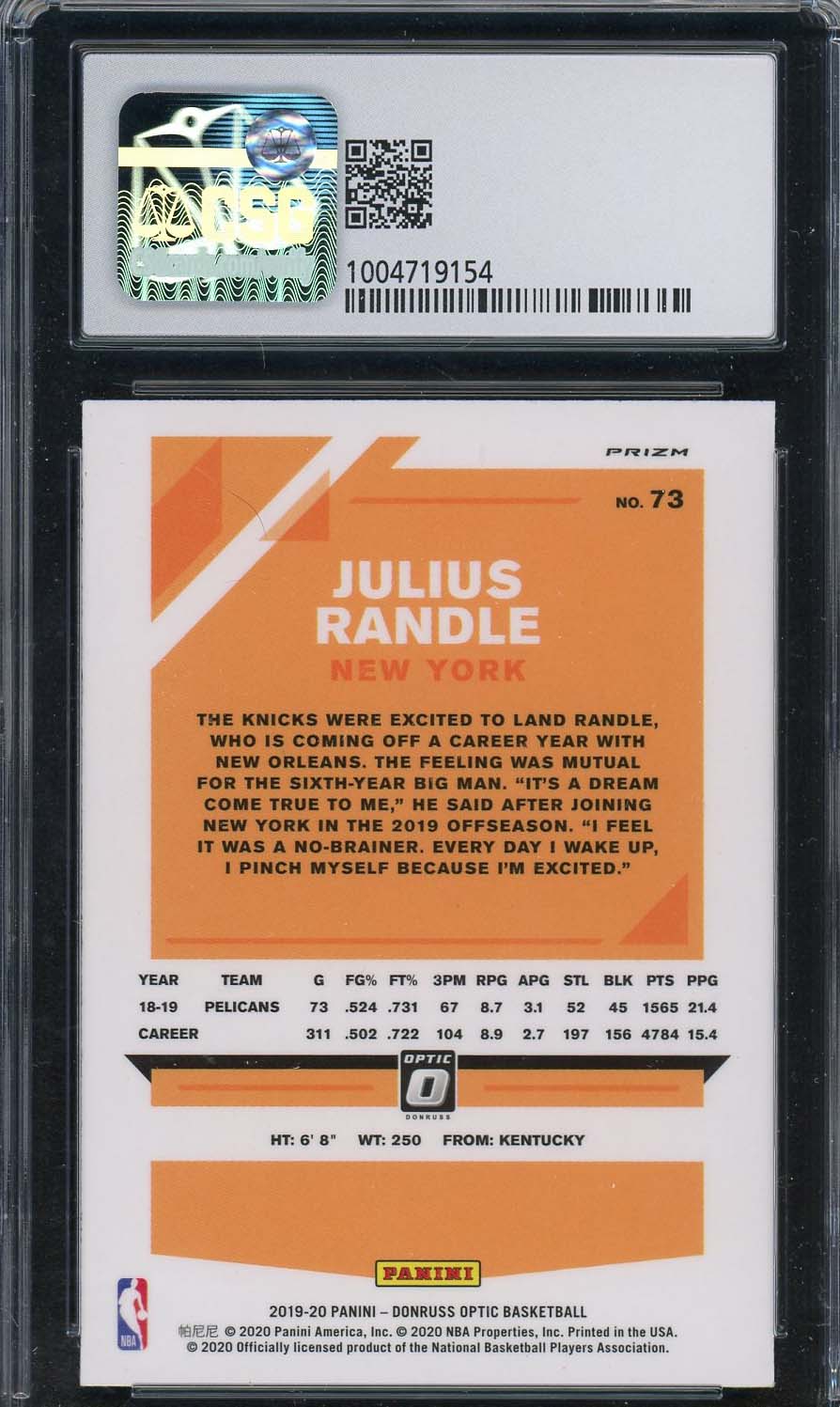Julius Randle 2019-20 Donruss Optic Blue Velocity Basketball Card #73 CSG 8-Powers Sports Memorabilia