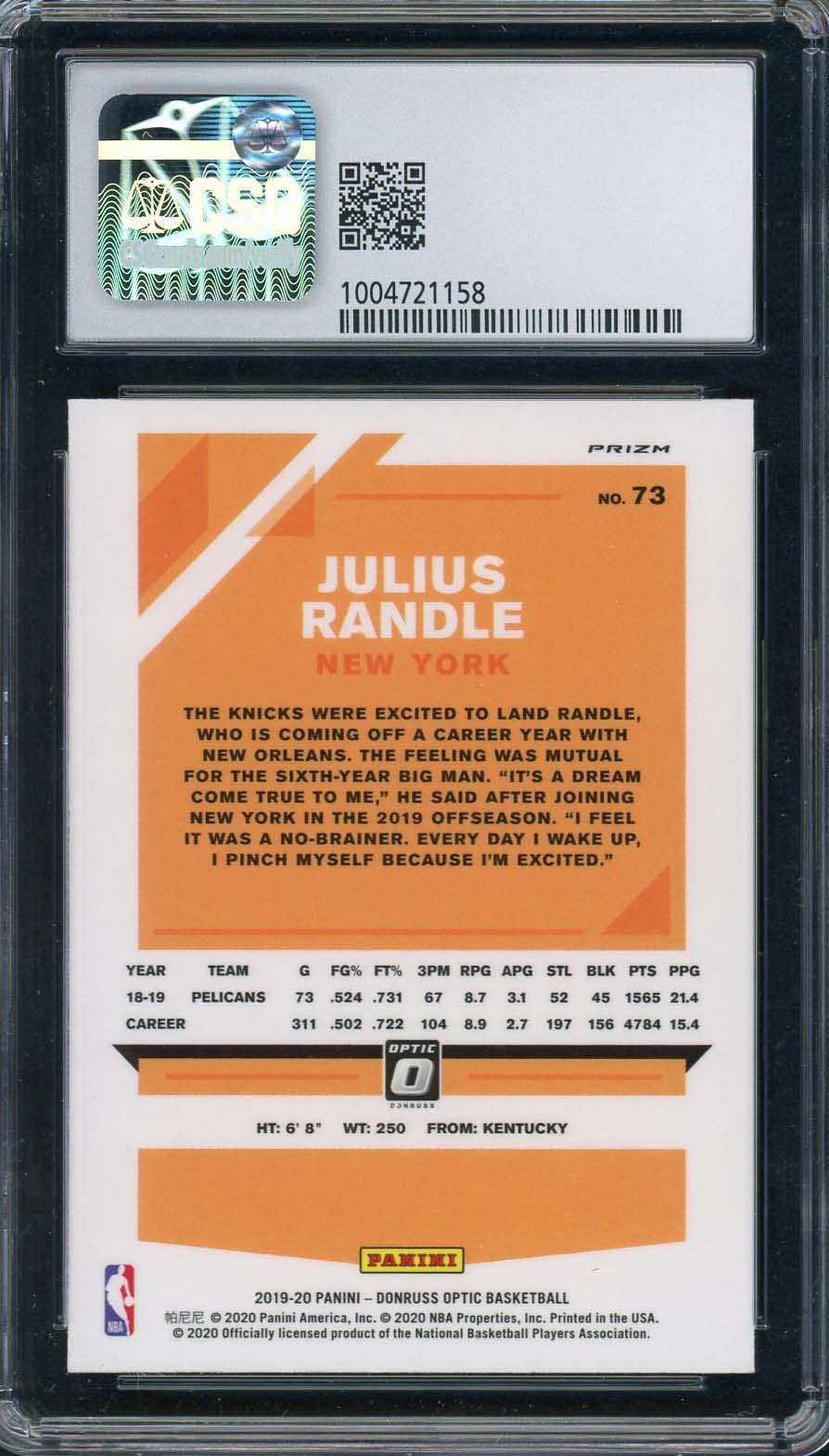 Julius Randle 2019-20 Donruss Optic Fanatics Exclusive Basketball Card #73 CSG 8-Powers Sports Memorabilia