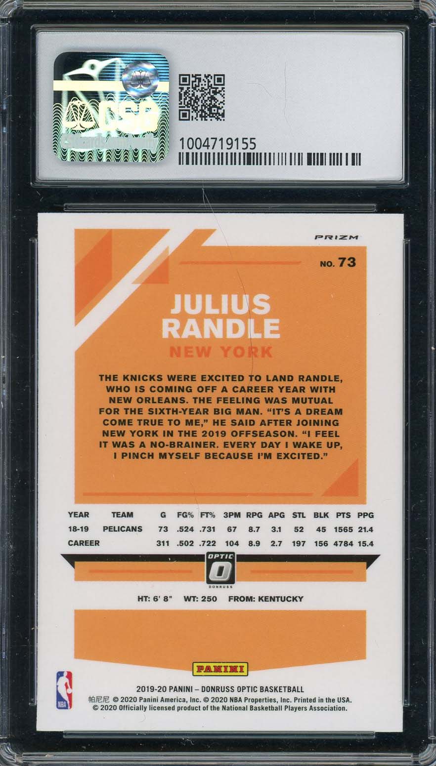 Julius Randle 2019-20 Donruss Optic Blue Velocity Basketball Card #73 CSG 9-Powers Sports Memorabilia