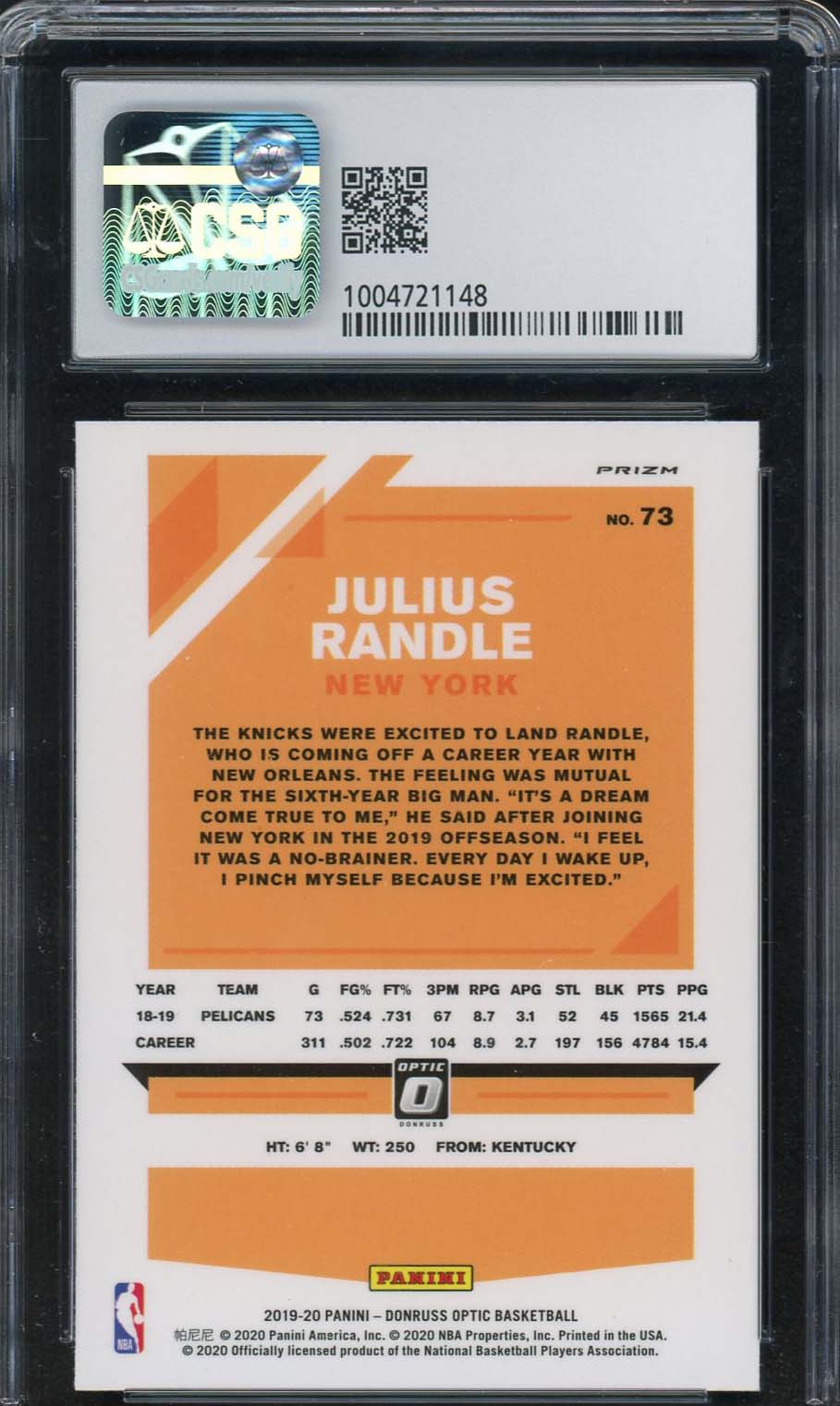 Julius Randle 2019-20 Donruss Optic Blue Velocity Basketball Card #73 CSG 8.5-Powers Sports Memorabilia