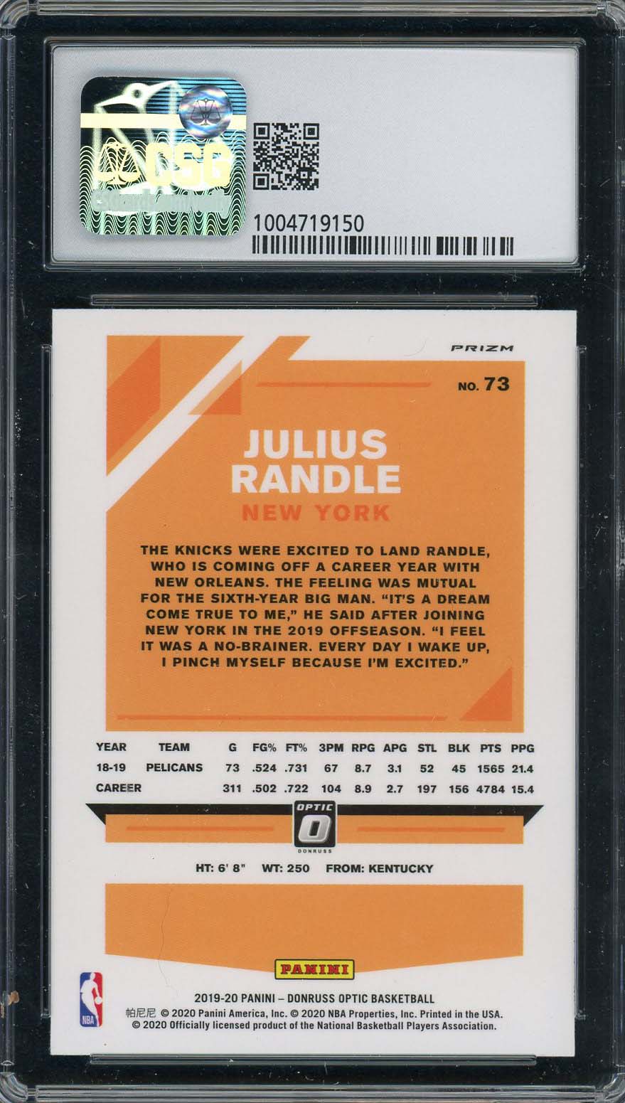 Julius Randle 2019-20 Donruss Optic Fanatics Exclusive Basketball Card #73 CSG 9-Powers Sports Memorabilia