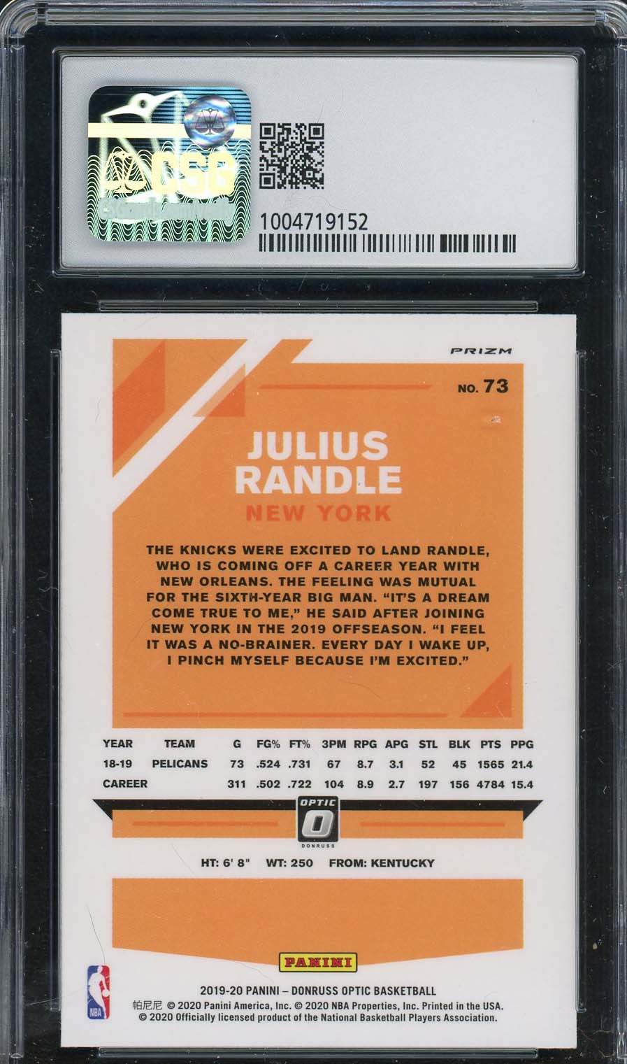 Julius Randle 2019-20 Donruss Optic Hologram Basketball Card #73 CSG 7-Powers Sports Memorabilia