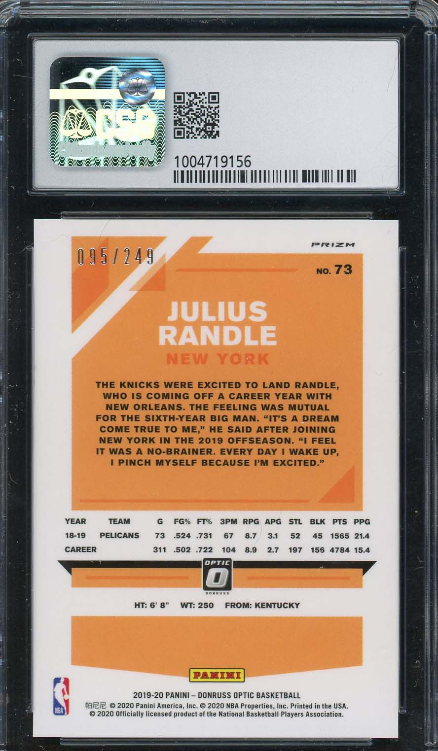 Julius Randle 2019-20 Donruss Optic Premium Box Basketball Card #73 CSG 9.5-Powers Sports Memorabilia