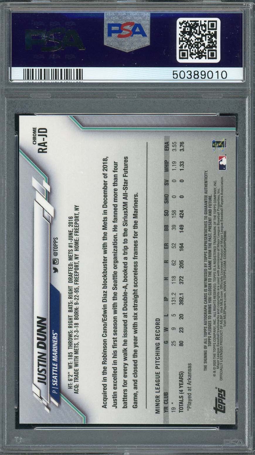 Justin Dunn 2020 Topps Chrome Rookie Autographs Baseball Card RC #RAJD Graded PSA 8-Powers Sports Memorabilia