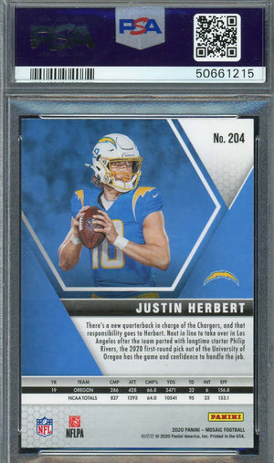 Justin Herbert 2020 Panini Mosaic Football Rookie Card RC #204 Graded PSA 9 MINT-Powers Sports Memorabilia