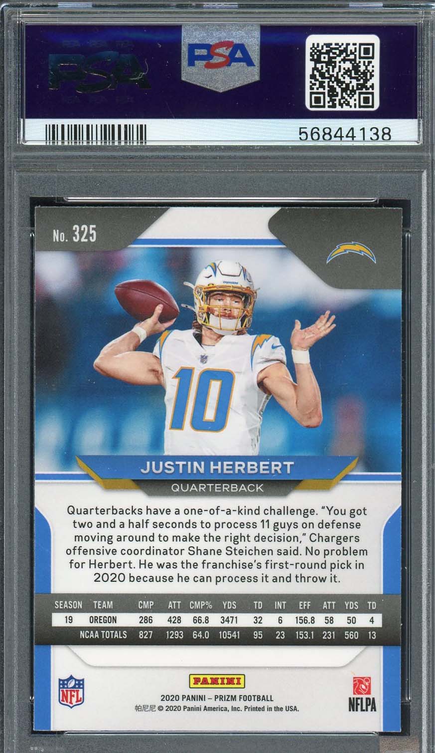 Justin Herbert 2020 Panini Prizm Football Rookie Card RC #325 Graded PSA 9-Powers Sports Memorabilia