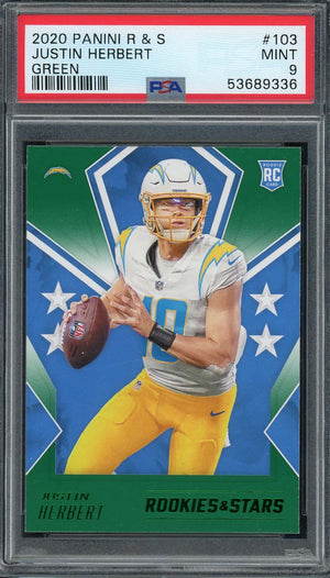 Justin Herbert 2020 Panini Rookies and Stars Green Rookie Card #103 Graded PSA 9-Powers Sports Memorabilia