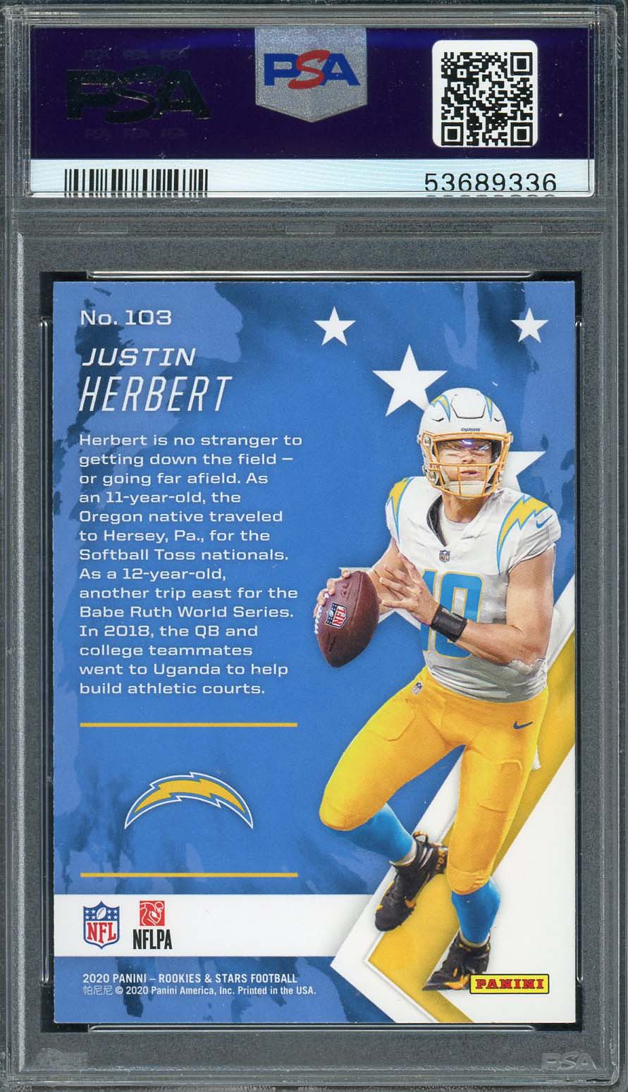 Justin Herbert 2020 Panini Rookies and Stars Green Rookie Card #103 Graded PSA 9-Powers Sports Memorabilia