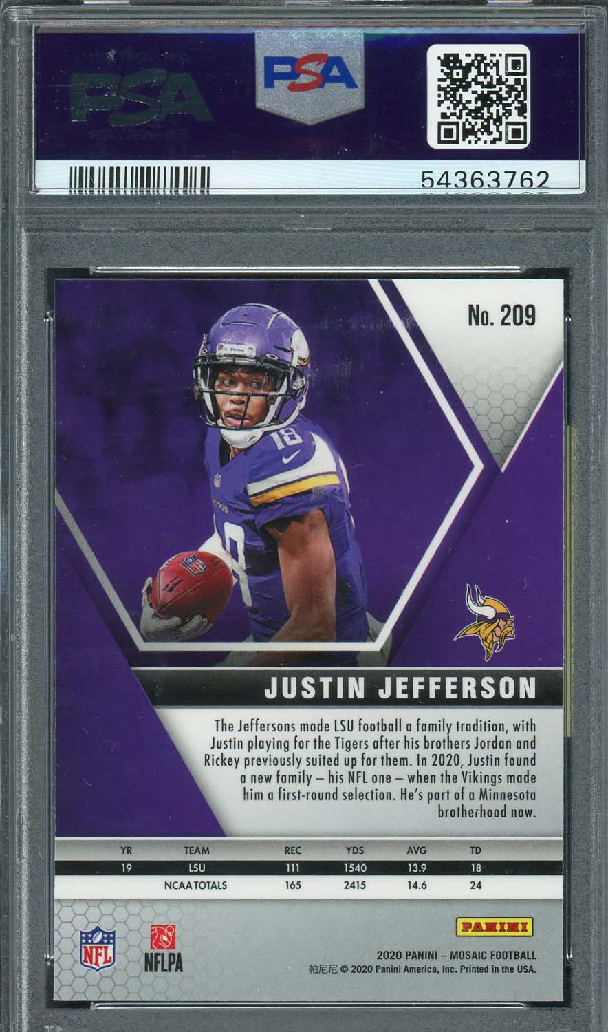 Justin Jefferson 2020 Panini Mosaic Football Rookie Card RC #209 Graded PSA 10-Powers Sports Memorabilia