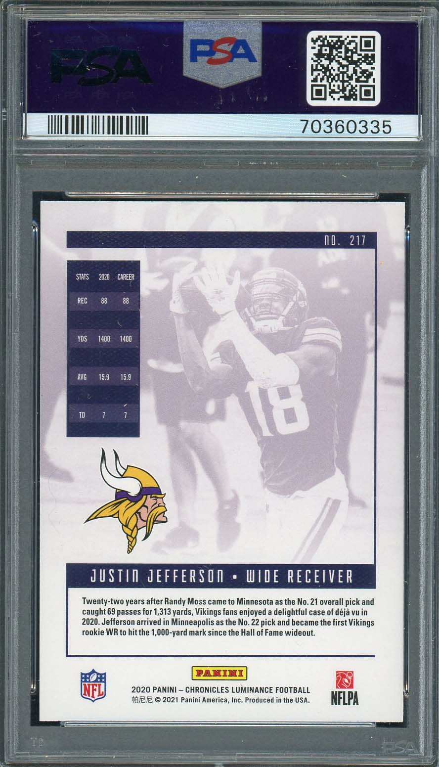 Justin Jefferson 2020 Panini Chronicles Luminance Rookie Card #217 Graded PSA 10-Powers Sports Memorabilia