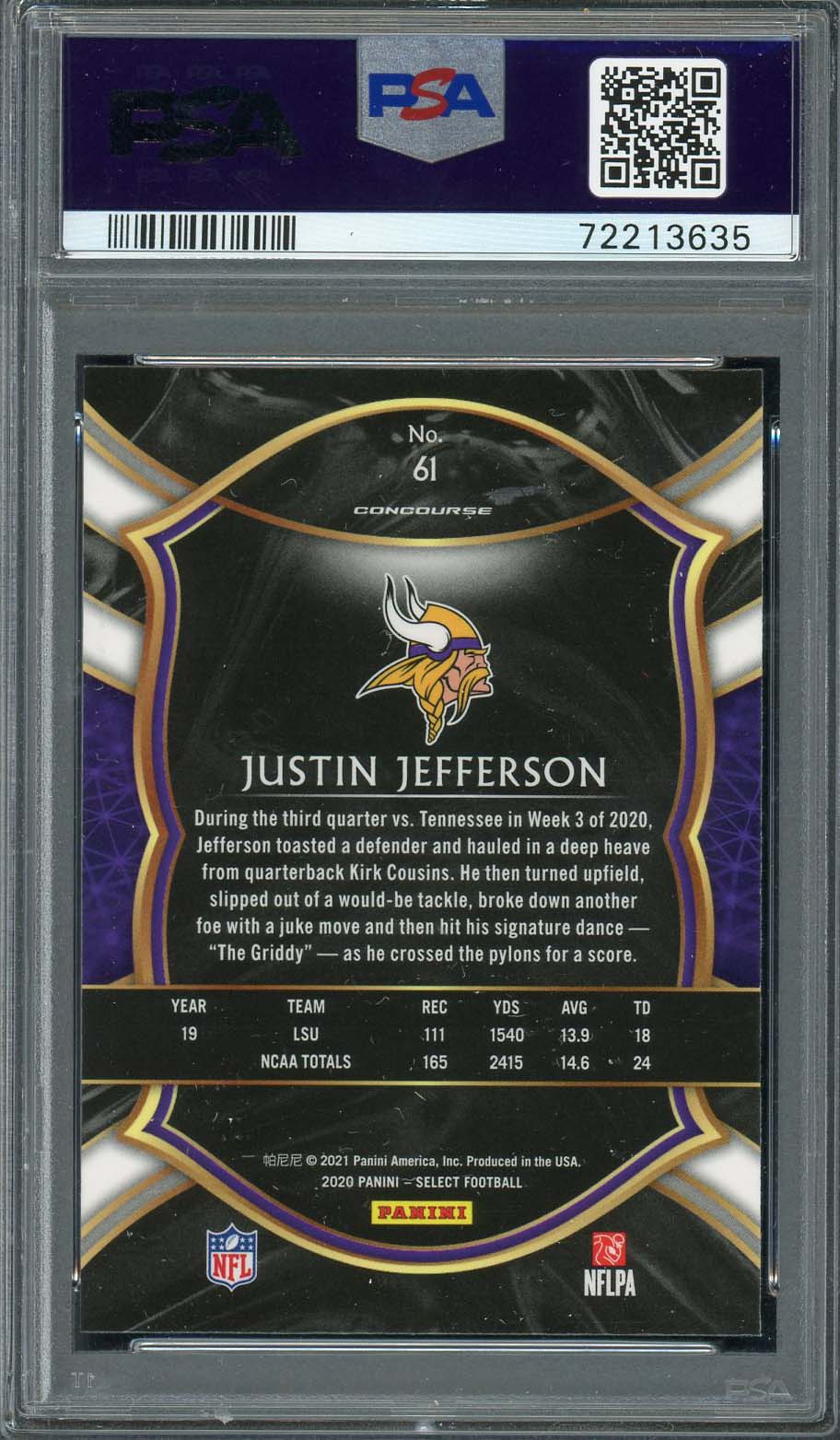 Justin Jefferson 2020 Panini Select Football Rookie Card RC #61 Graded PSA 10-Powers Sports Memorabilia