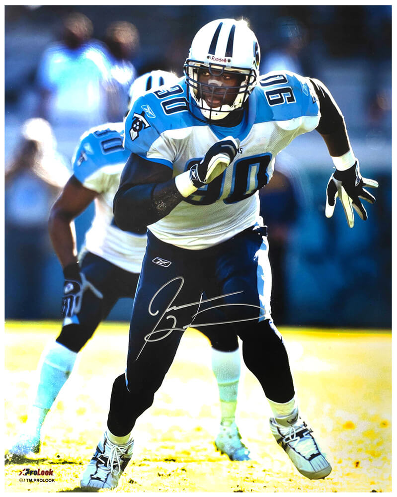 Jevon Kearse Autographed Tennessee Titans White Jersey Action 16x20 Photo-Powers Sports Memorabilia