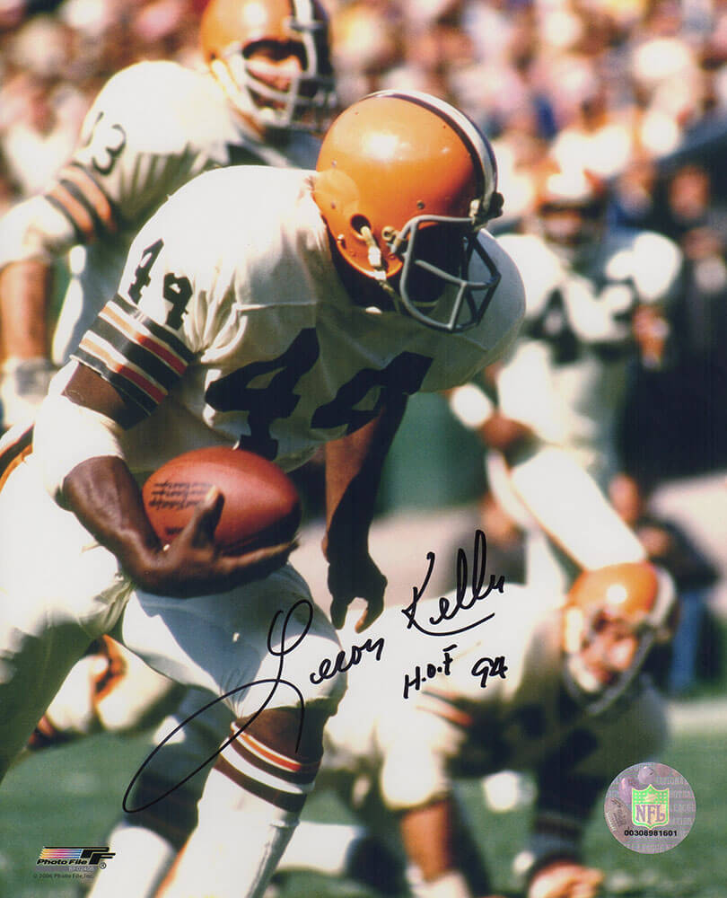 Leroy Kelly Autographed Cleveland Browns White Jersey With Football Action 8x10 Photo with HOF'94-Powers Sports Memorabilia