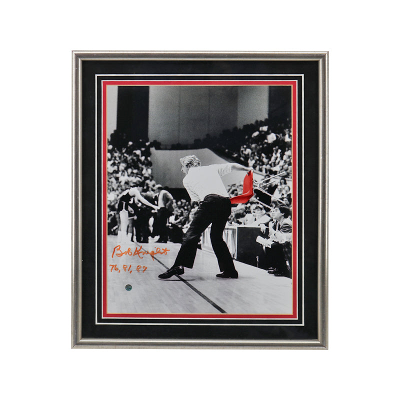 Bobby Knight Indiana University Signed, Framed and Inscribed "76, 81, 87" 11x14 Chair Toss-Powers Sports Memorabilia
