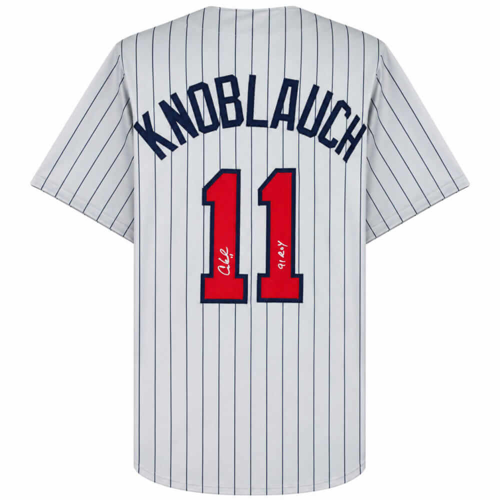 Chuck Knoblauch Autographed Grey Pinstripe Custom Baseball Jersey with ROY'91-Powers Sports Memorabilia