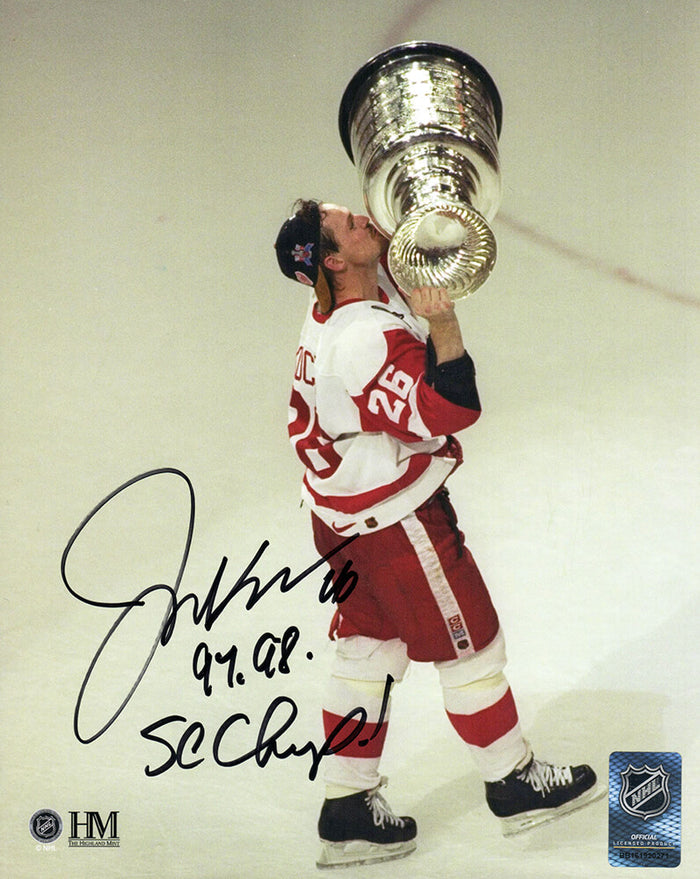 Joe Kocur Autographed Detroit Red Wings Kissing Stanley Cup 8x10 Photo with 97, 98 SC Champ-Powers Sports Memorabilia