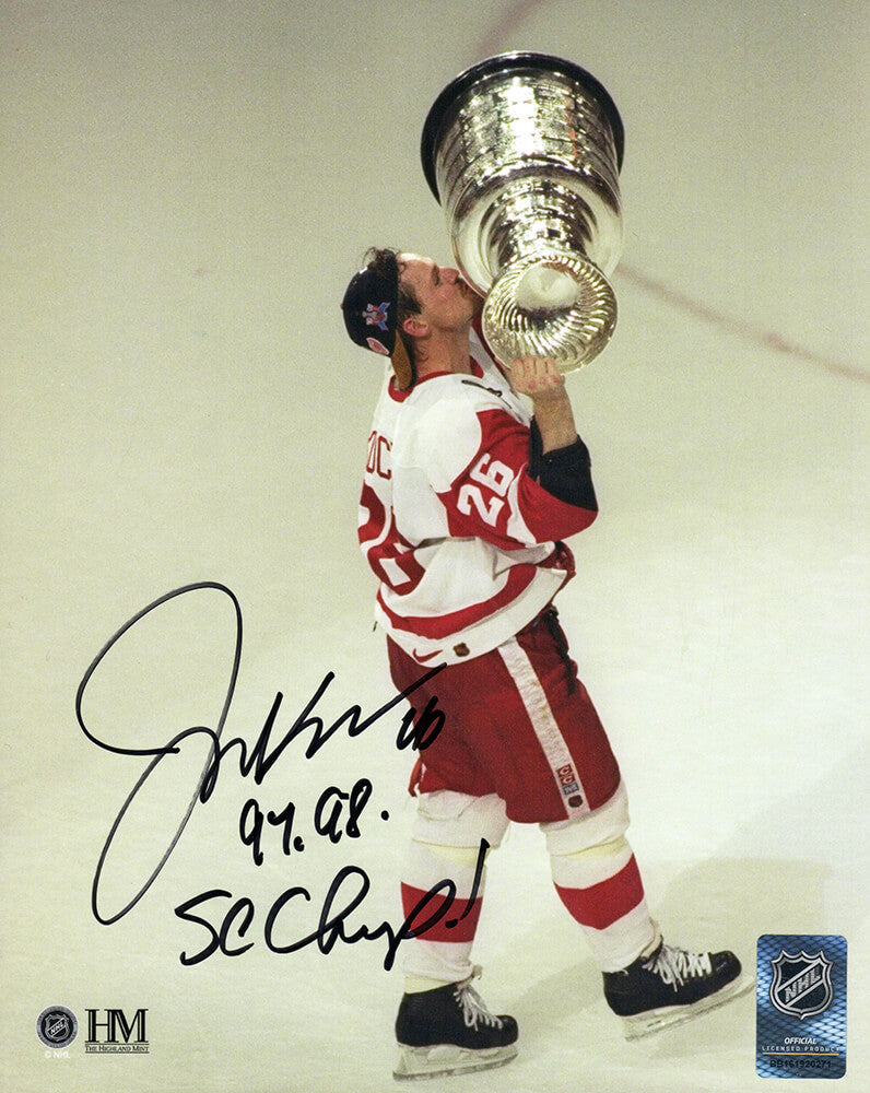 Joe Kocur Autographed Detroit Red Wings Kissing Stanley Cup 8x10 Photo with 97, 98 SC Champ-Powers Sports Memorabilia