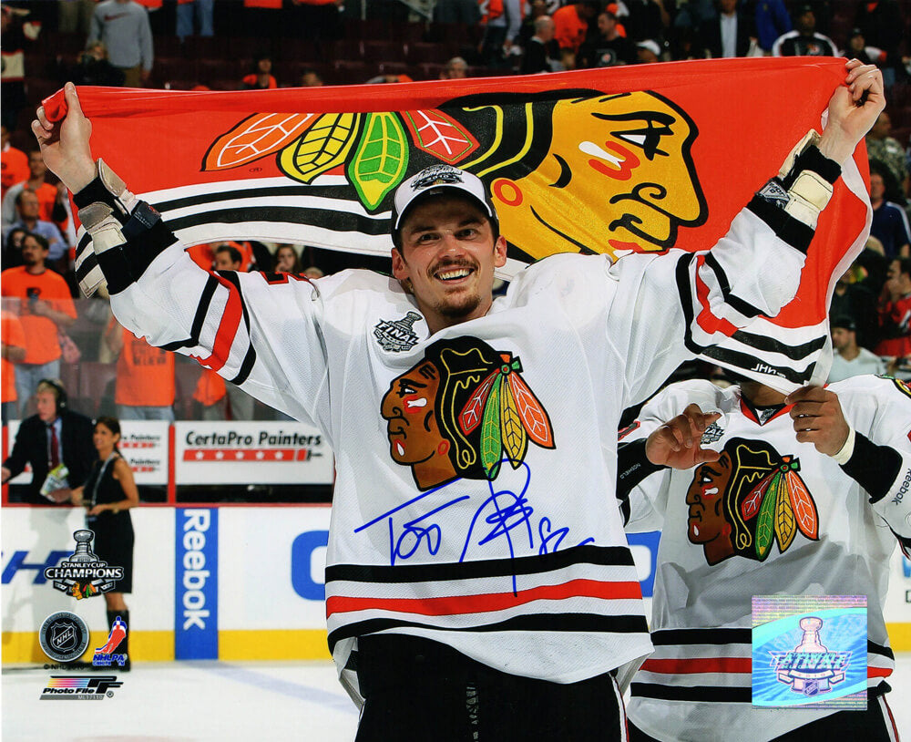 Tomas Kopecky Autographed Chicago Blackhawks 2010 Stanley Cup Trophy 8x10 Photo-Powers Sports Memorabilia