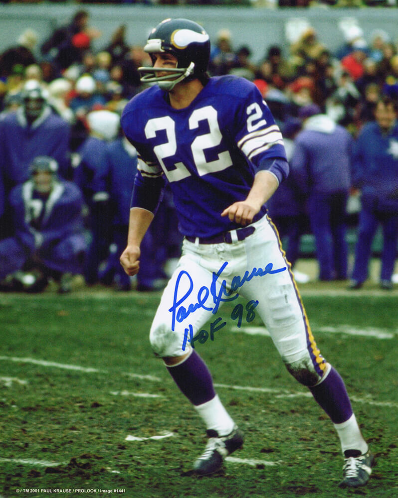 Paul Krause Minnesota Vikings Autographed Purple Jersey Action 8x10 Photo-Powers Sports Memorabilia