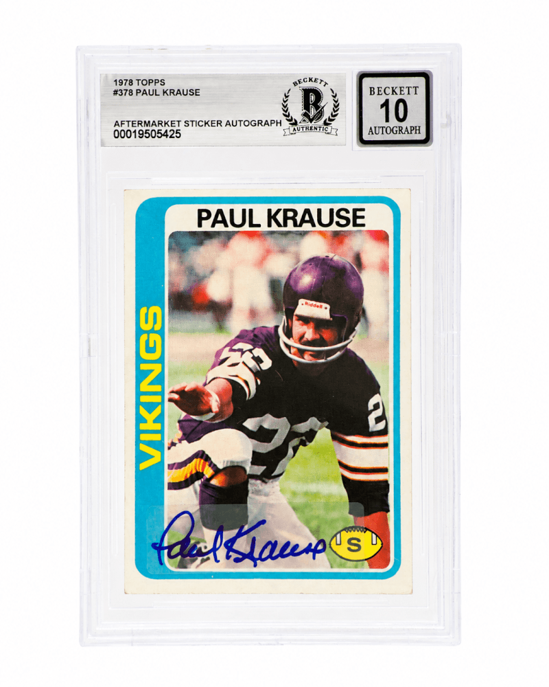 Paul Krause Autographed Minnesota Vikings 1978 Topps Football Card #378 - (Beckett - Auto Sticker - Grade 10)-Powers Sports Memorabilia