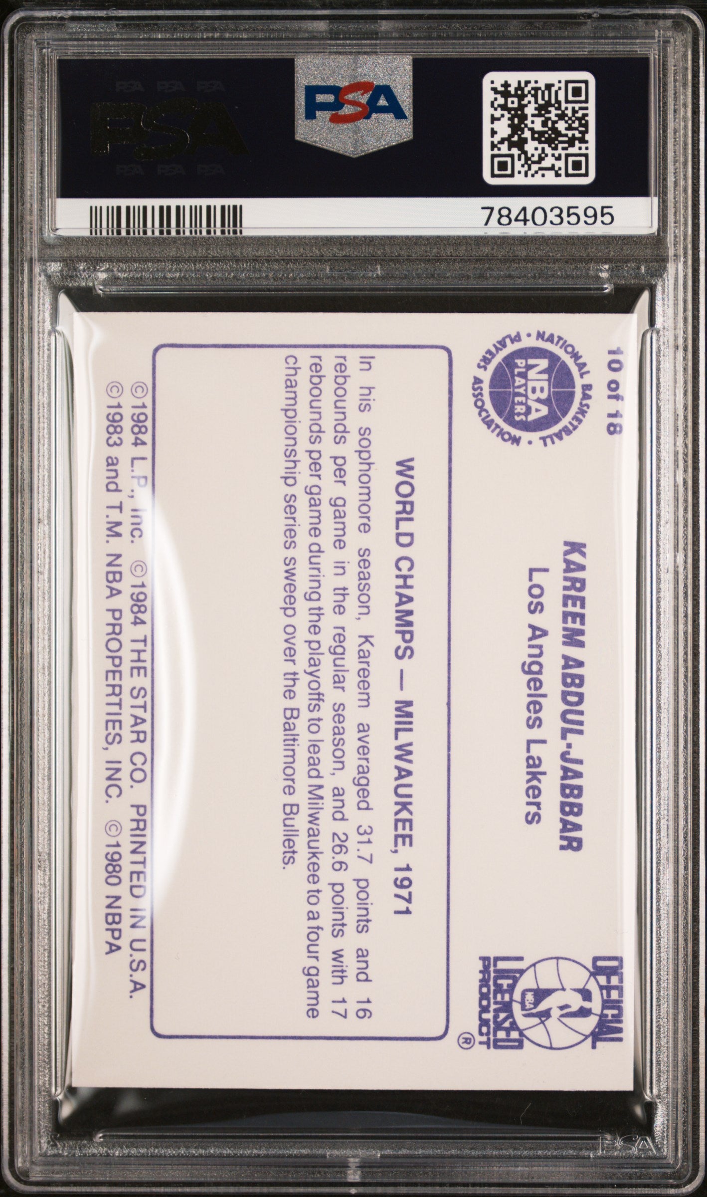 Kareem Abdul-Jabbar 1985 Star Basketball Card #10 Graded PSA 8-Powers Sports Memorabilia