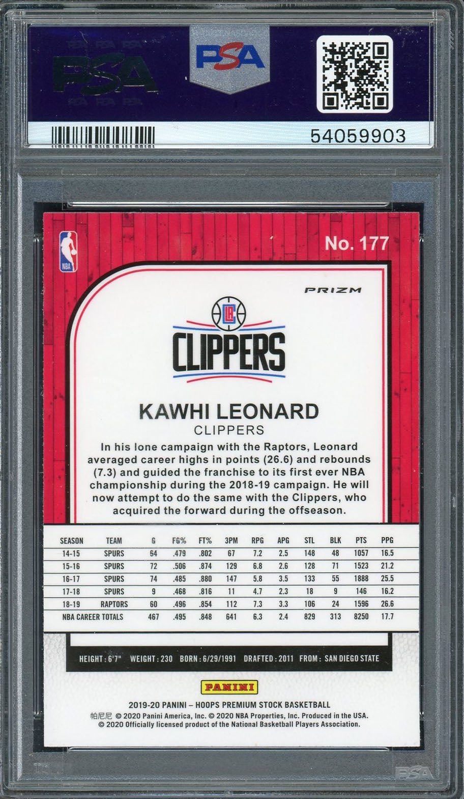Kawhi Leonard 2019 Panini Hoops Premium Stock Gold Pulsar Basketball Card #177 PSA 10 GEM MINT-Powers Sports Memorabilia