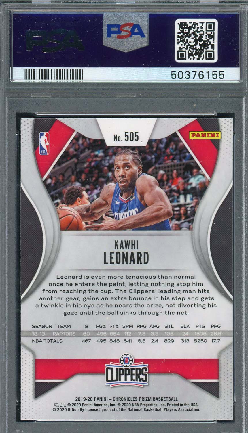 Kawhi Leonard 2019 Panini Chronicles Basketball Card #505 Graded PSA 8-Powers Sports Memorabilia